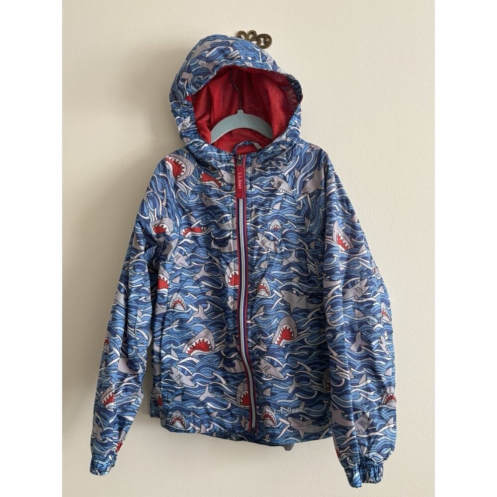L.L.Bean Kids' Wind and Rain Jacket blue grey shark-patterned print 6/7 Coat